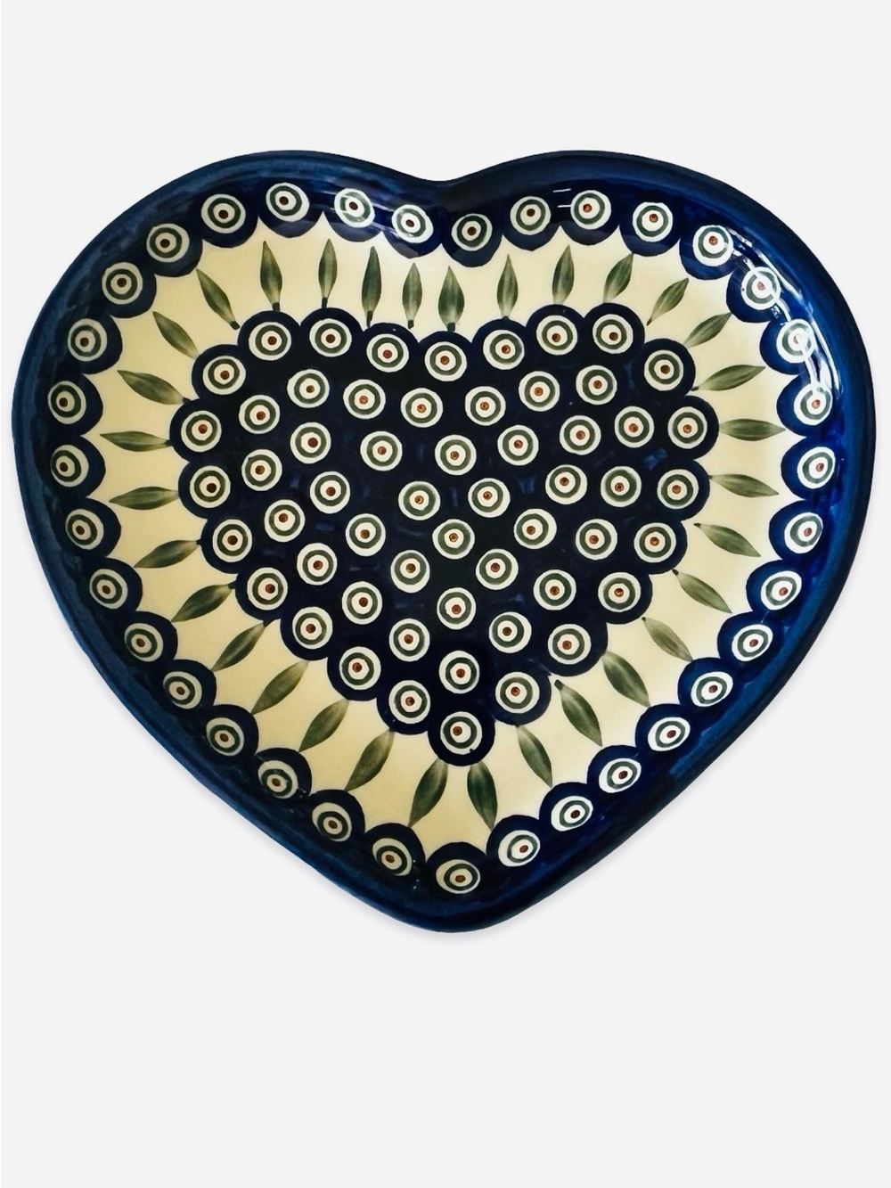Hand Made Boleslaxiec Stoneware Pottery Heart Platter Peacock Leaves Pattern 10โ